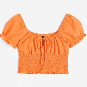H&M Orange Puff Sleeve Smocked Tie-Front Crop Top